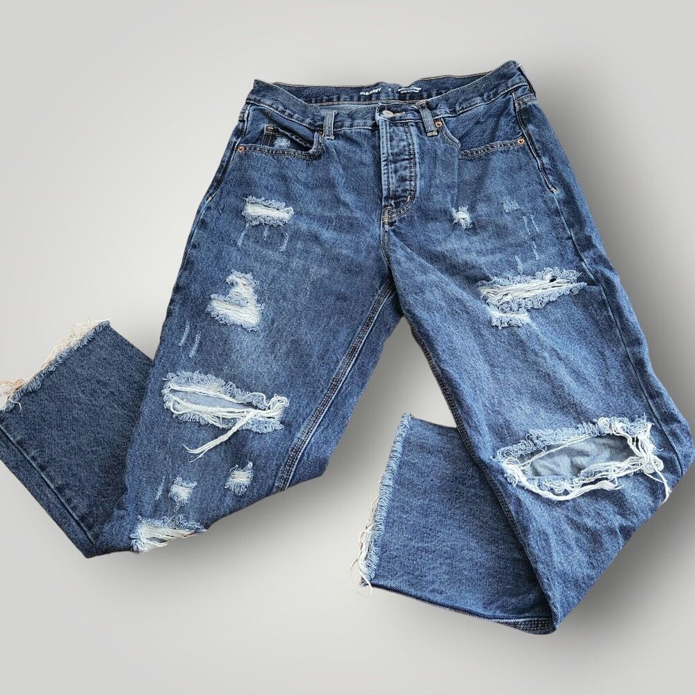 Old Navy High Rise Slouchy Straight Jeans Women's Size 6 Blue Raw Hem Button Fly